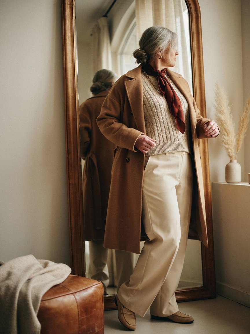 A curvy woman over 40 in a camel coat, cream cable knit and oxblood scarf, seeing her full styled figure in a full-length mirror